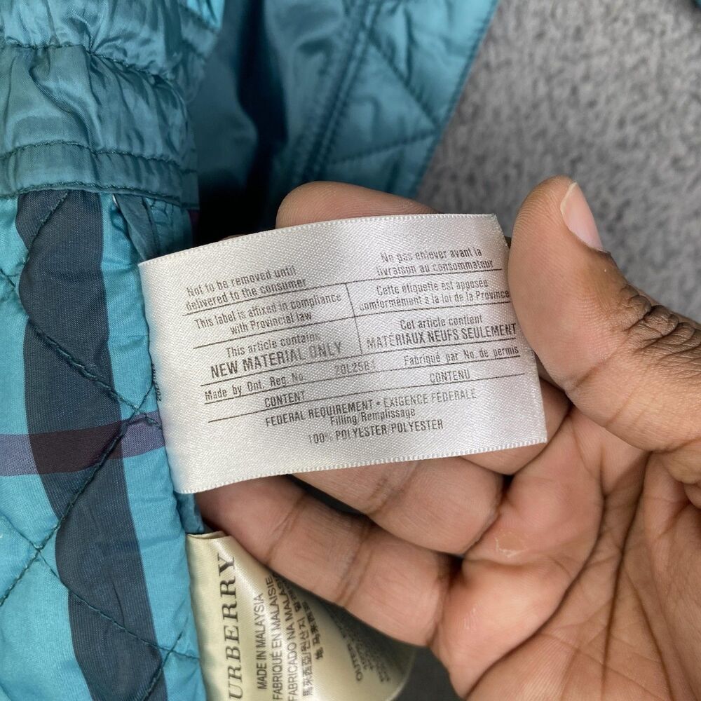 Burberry Brit Jacket Womens Small Teal Quilted Hooded Nylon Full Zip Plaid Lined - Picture 15 of 16